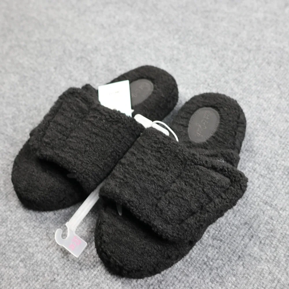 Cat & Jack Slippers Kids Size 2/3 Black Fuzzy Slide‎ Hook & Loop Indoor Shoes